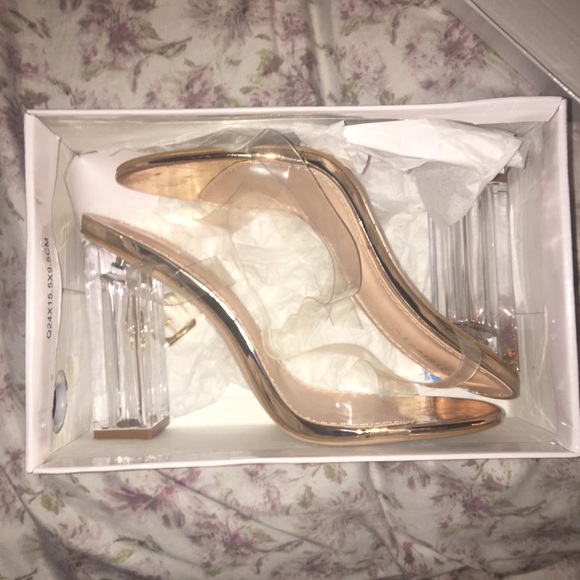 clear and rose gold heels
